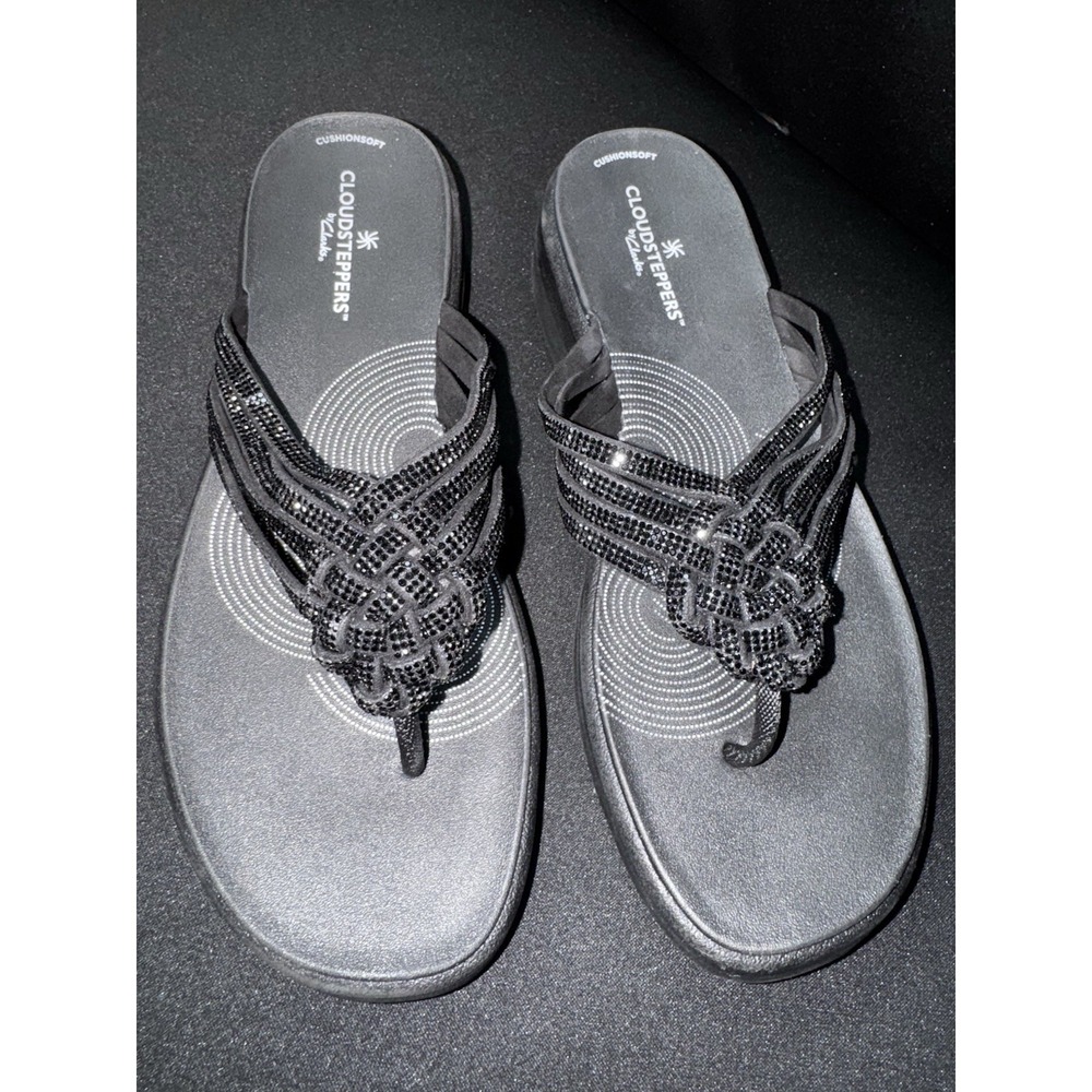 Clarks Cloudsteppers Cushion Soft Black Rhinestone Wedge Sandals Women's 7M - Picture 8 of 8